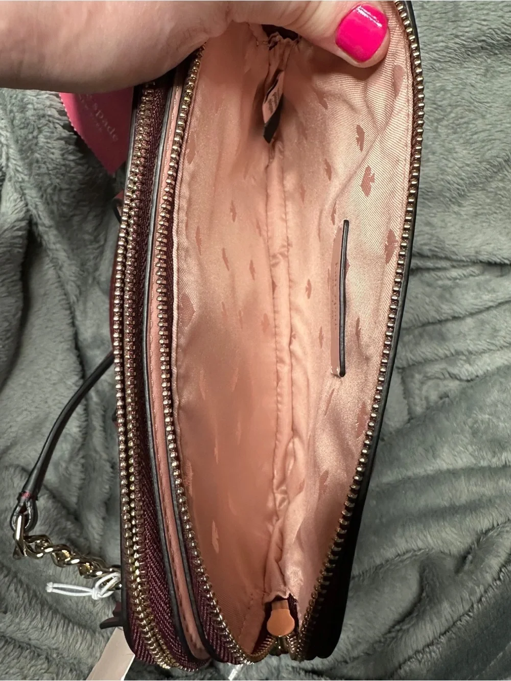kate spade pink and burgundy dog appliqué crossbody